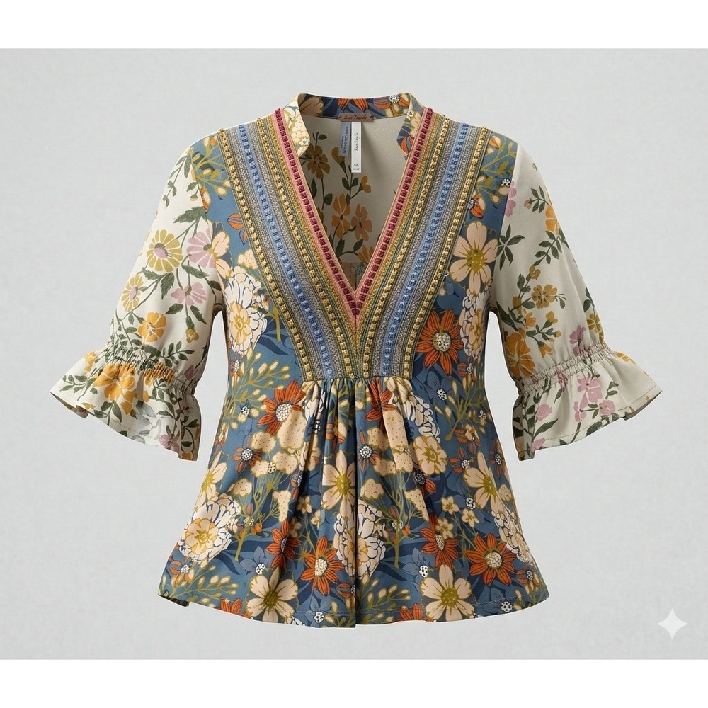 Blank London Woman's Green Floral Print Bohemian 1/2 Sleeve Top.‎ Size XS
